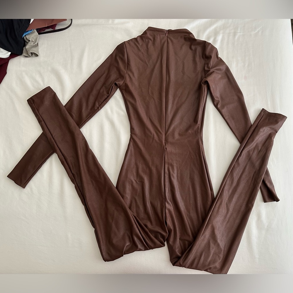 Naked Wardrobe Faux Leather Long Sleeve Jumpsuit in Rich Brown - Picture 2 of 3